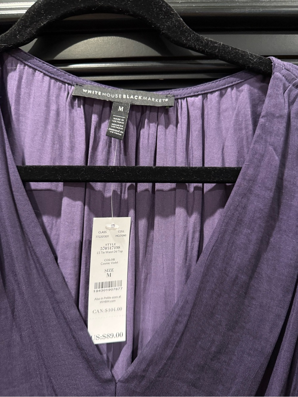 White House Black Market Lavender V-Neck Smocked Waist Blouse - Picture 3 of 3